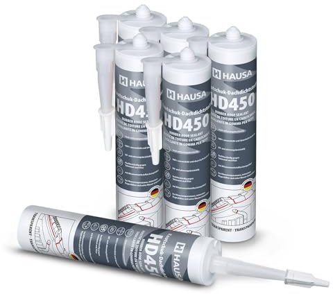 Hausa Kautschuk Dachdichtstoff HD450 Transparent 6x 300ml dauerelastische Dichmasse & Kleber für Dach Dachrinnen Trapezblech Dachfolien Dachbahnen, wetterfest, kompatibel mit Bitumenwerkstoffen