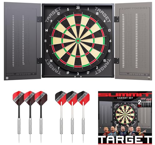 Target Darts Summit and Home Cabinet and Dartboard Sets | Complete Dart Set Up | Includes Dart Board Cabinet and Board, Steel Tip Brass Darts | Summit includes 1 Month Dartcounter App Subscription