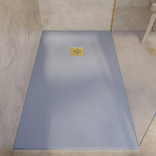 SOULHOME Receveur de Douche -Résine -Gel Coat -Texture Lisse/Pierre -Antidérapant -Couleur Gris - 60X60- Extra plat 3cm. Bonde de vidange incluse - GRILLE DORÉE