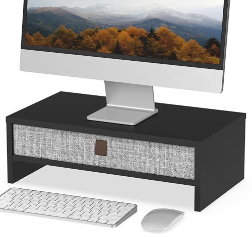 Fenge Monitor Stand Riser With linen Drawer,Max Load Capacity 20KG,Black | Computer Monitor Stand for Desk , Desktop Organizer for PC/Laptop/Printer, 42.5×23.5×14.2cm,Max Load Capacity 20KG