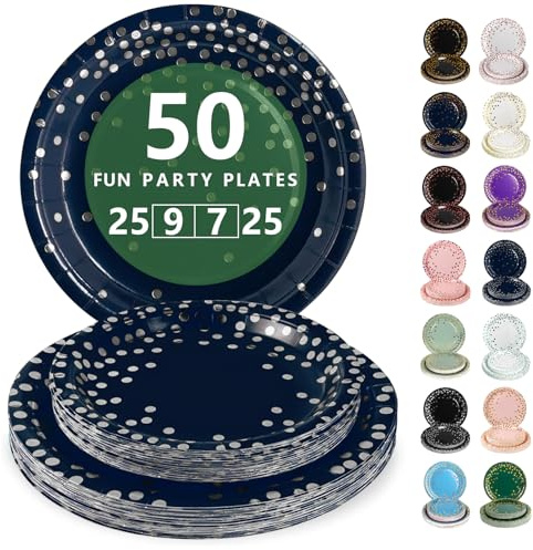 Nkaiso 50 Pcs Navy Blue and Silver Disposable Party Paper Plates Set | Party Supplies- 25x9inch & 25x30inch Plate Elegant Disposable Tableware for Birthday, Wedding, Shower