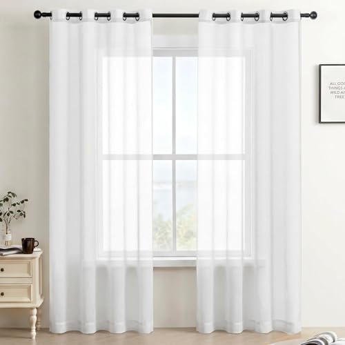White Voile Curtains for Living Room – Premium Anti-Wrinkle Eyelet Net Curtains, Semi-Sheer Privacy Panels for Bedroom, Bay Window & Patio Doors, Light Filtering Textured Drapes (2 Panels)-55x102inch