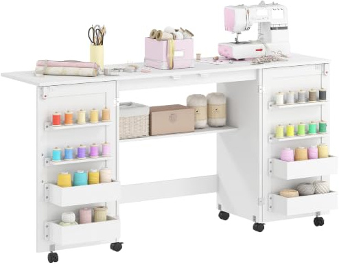 HOMCOM Folding Sewing Table with 2 Magnetic Doors for Small Spaces White | Rolling Craft, 4 Bins, 20 Pegs, Storage Shelf, Lockable Wheels, Space Saving Drop Leaf Sewing Machine Table