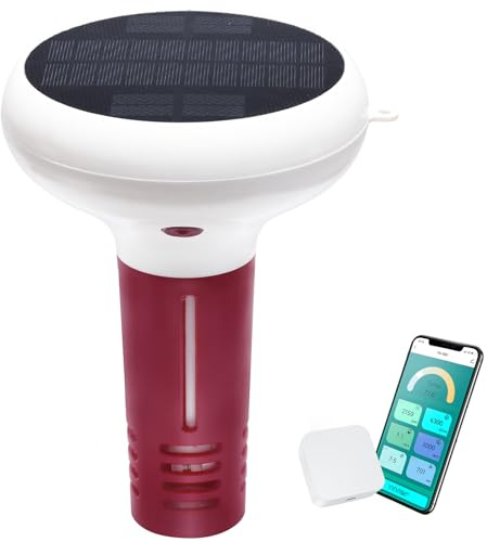 Monitor wifi per pH sale cloro della piscina, Intelligente tester 7 in 1 | Alimentazione solare; galleggiante, completamente impermeabile, app Tuya, istruzioni in inglese, video tutorial in francese