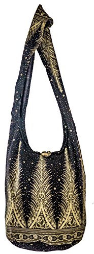 CCcollections Umhängetasche aus Baumwolle, große Boho-Hippie-Hobo-Handtasche mit 40 Drucken – Unisex-Umhängetasche (Black Feather)