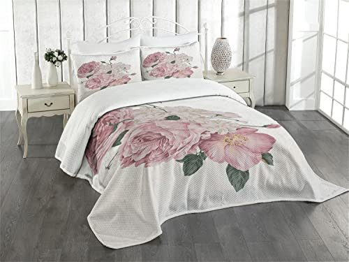 ABAKUHAUS Rose Tagesdecke Set, Alte Rosen Corsage Grunge, Set mit Kissenbezügen Waschbar, für Doppelbetten 264 x 220 cm, Beige Grün