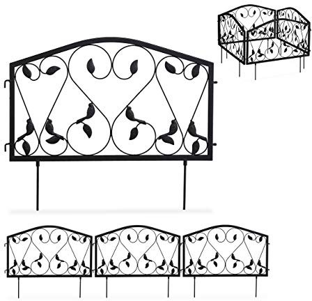 Relaxdays Bordure potager, 4 éléments, clôture Jardin, Fer, Antique, Design Feuilles, H x L : 33 x 225 cm, Noir