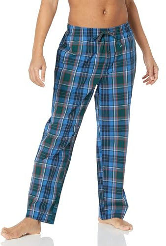 Amazon Essentials Herren Gewebte Straight-Fit Pyjamahose Mit Taschen, Blau Grün Großes Karo, L