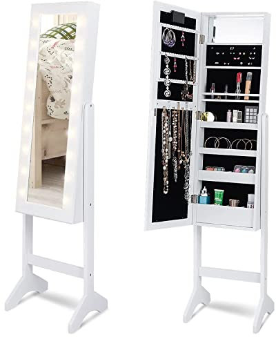 RELAX4LIFE Armoire à Bijoux sur Pieds avec Miroir et Lumière LED, Miroir Bijoux sur Pied avec 4 Couches pour Anneaux, Boucle d'oreille, Bracelet, 16 Rouge à Lèvres, Blanc/Noir (Blanc)