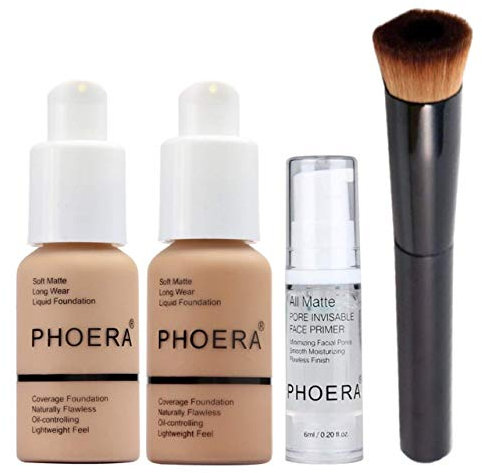 Phoera Foundation Full Coverage Make-up-Set – enthält Buff Beige & Sand 30 ml Matte Foundation, 6 ml Gesichtsprimer und flüssiger Foundation-Pinsel für einfache Anwendung