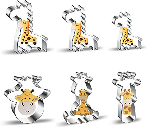Lot de 6 emporte-pièces en forme de girafe de 10,2 cm - Moule à biscuits en acier inoxydable avec motif de girafe assis en forme de visage et de tête de girafe pour fête prénatale, fête d'anniversaire