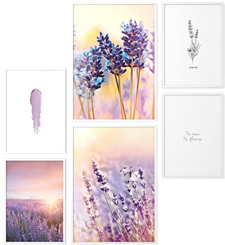 Papierschmiede® Mood Poster Set Lavendel, Fertiges Bilder Set mit Rahmen (Holz, weiß), Wohnzimmer Deko Schlafzimmer, 2x DIN A4 und 4x DIN A5, Lila Feld Sonne