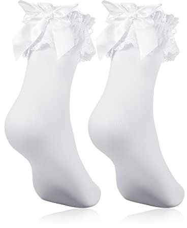 Geyoga Weiß Rüschen Socken Damen Weiß Spitze Socke mit Schleife Prinzessin Socken