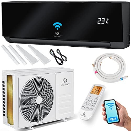 KESSER® Aire acondicionado SET Split con función wifi/App, refrigeración A++/ calefacción A+, refrigerante R32, pantalla LCD, función de temporizador, Split 9000 BTU/h / 2600 Watt - antracita