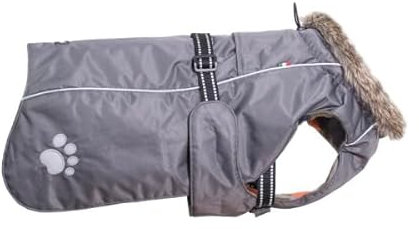 Chiara Hundemantel mit Hundegeschirr (Hundebekleidung mit Fleece und Kunstfellkragen, warmer Hunde Mantel, Reflektionsstreifen an Rücken und Gurt, anpassbar, Gr. 3 XL), Farbe: Grau