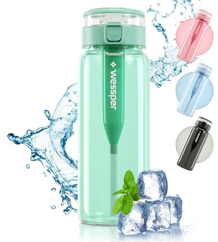 Wessper Bouteille d'eau en Tritan sans BPA avec Filtre 680 ml | Menthe Sport Gourde Élégante | Gourde Anti-Fuite pour Fitness & Enfant & Adulte et le Sport | Filtre à Charbon Actif pour la Gourde