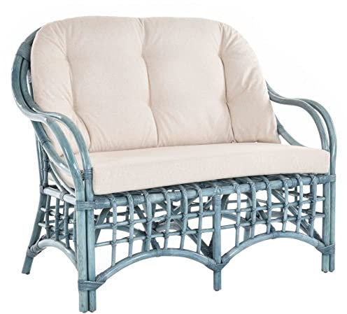 Krines Home Wintergarten Rattansofa Natur Rattan Sofa Zweisitzer Wohnzimmer Couch Rattanmöbel (Gestäbt Blau, 2-Sitzer)
