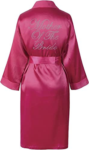 Varsany Peignoir de bain rose en satin avec strass et inscription « Mother of the Bride » - Personnalisable