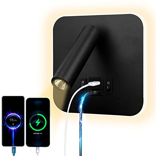 uksunvi LED Reading Light USB tipo - C Double charge Electric Zut Switch se puede ajustar 12w LED Spotlight 3000k Wall Light Aluminium Bed Light se puede girar (Negro cuadrado)