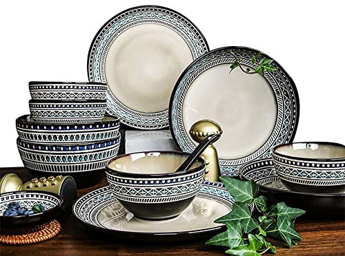 Plate and Bowl Set Stoneware Porcelain 20-Piece Dinnerware Set,Round Reactive Glaze Dinner Set,Service for 4,Blue Pattern
