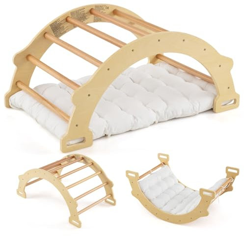 DREAMADE 2 in 1 Kletterbogen mit Kissen, Bogenwippe aus Holz, Holzwippe zum Klettern, Klettergerüst Indoor Kletterdreieck für Kinder ab 3 Jahren (Natur)