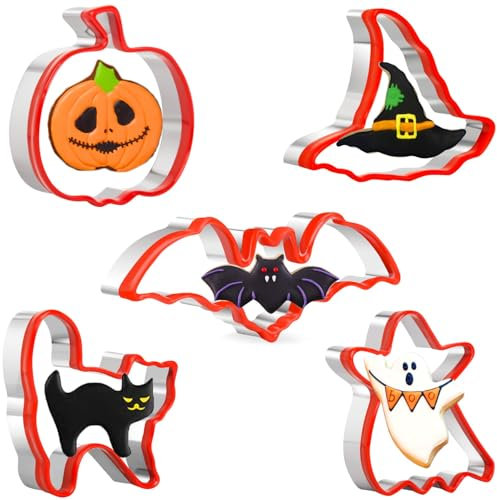 Halloween Cookie Cutters Set 5 Piece Halloween Biscuit Cutters Stainless Steel with Protective Silicone Edge for Baking - Pumpkin, Bat, Ghost, Cat and Witch Hat