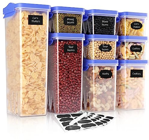 HOMER Luftdichte Frischhaltedosen mit robusten blauen Deckeln – luftdichte Vorratsbehälter aus Kunststoff für Speisekammer – 9 Stück BPA-Lebensmittelbehälter für Müsli, Nudeln, Mehl und Zucker –