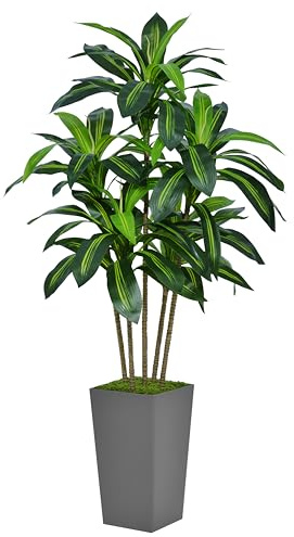 ASTIDY Künstlicher Dracaena-Baum 1,5 m – Kunstbaum mit grauem hohem Pflanzgefäß – künstliche tropische Yucca Bodenpflanze im Topf – künstlicher Seidenbaum für Zuhause, Büro, Wohnzimmer, Dekoration für