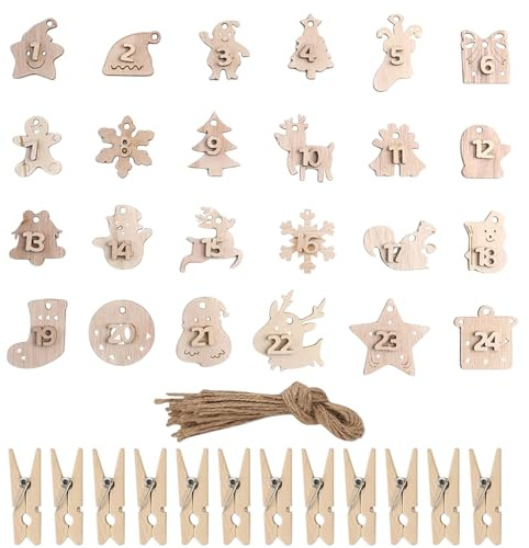 Adventskalender Zahlen Holz, 24 Stück weihnachtsbasteln Holzanhänger Adventskalender Verzierung, 1-24 Weihnachten Countdown Zahlen Geschenkanhänger mit Holzklammern (A)