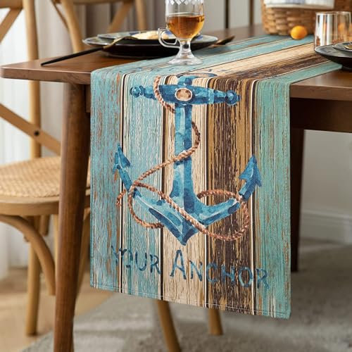Tischläufer Modern Ozean Anker Wohnzimmer Frühling Blaugrün Planken Scheune Läufer Tischlaufer Leinen für Esstisch Party Hochzeit Küche Tisch Dekoration 33 x 183 cm
