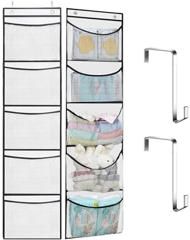 Dulamet Étagères suspendues - Organiseur de Rangement avec 5 Poches en Filet - Organisateur de Poches pour Placard, Rangement au-Dessus de la Porte - Organisateur de Jouets en Peluche pour (Blanc)