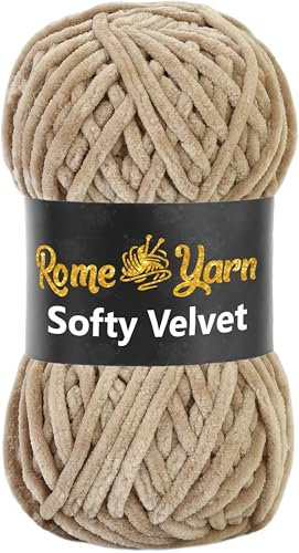 Rome Yarn Softy Velvet Wolle 100g - 120m | Samtgarn Chunky Chenillewolle Babywolle Amigurumi Super Bulky Garn zum Häkeln und Strickwolle Flauschgarn Velvet Garn (1 Knäuel, 952 Beige)