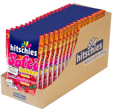 hitschies Softi Qubbies Erdbeere - Fruchtig-weiche Kaubonbons mit Fragespiel auf jedem Bonbon - Perfekt für Unterwegs - Glutenfrei & Halal - 18 x 80g