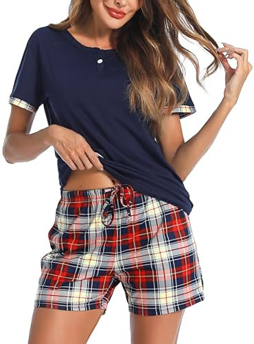 Irdcomps Pyjama Femme Coton Ete Ensembles de Pyjama Court Ensemble Pyjamas T-Shirt de Nuit Manche Courtes Vêtements de Nuit patanlon de Pyjama à Carreaux Vêtements de Détente Bleu Rouge L