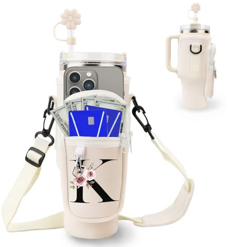 Initiale Wasserflaschenträger Tasche für Stanley 40 oz Tumbler mit Handytasche,Flaschenhalter zum Umhängen mit Verstellbarem Gurt, mit Strohhalmabdeckung & Karabiner,Sport Zubehör Damen(K)