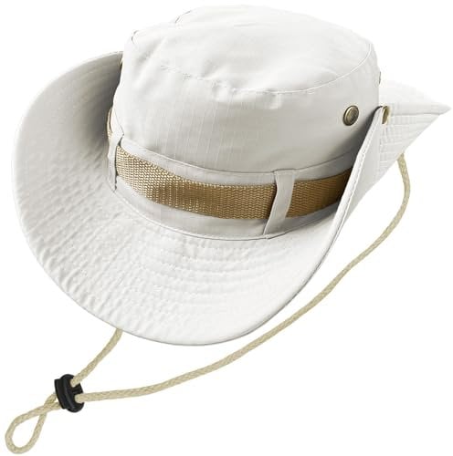 Kugooyi Fischerhüte, Outdoor Safari Hut Herren Klassische Buschhüte Damen Krempe Sonnenhut mit Kinnband Faltbar Eimerkappen Armeekampfstil Wander Garten Jagd Camping Boonie(Weiß)