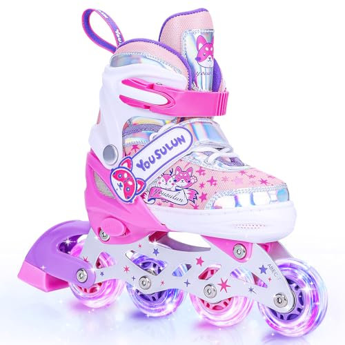 Inliner Skates Kinder Rollschuhe mit Beleuchteten Rädern Roller Skates bis zu 4 Größen Verstellbar Schuhe mit Rollen für Kinder Mädchen Jungen Teenager Anfänger Damen Herren (Rosa, S)