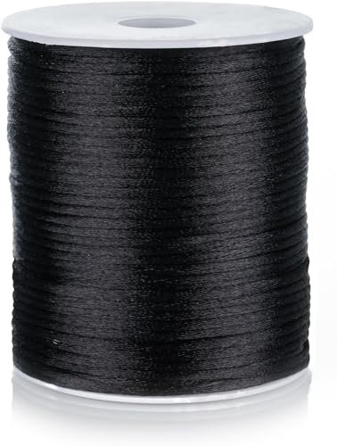 FQTANJU 2mm Nylon Satin Cord, 100 Yards Nylon Cord Satin String for Bracelet Jewelry Making Silky Rattail Macrame Trim Cord Necklace Bulk Beading Thread Kumihimo Chinese Knot Craft (Black)