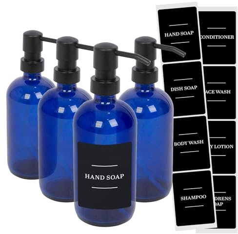 Harbour Housewares Glass Soap Dispensers with Labels Pack of 4-500ml Blue Refillable Bottles with Pumps and Black Labels - Bathroom and Kitchen Accessories for Hand Wash, Lotion or Sanitiser