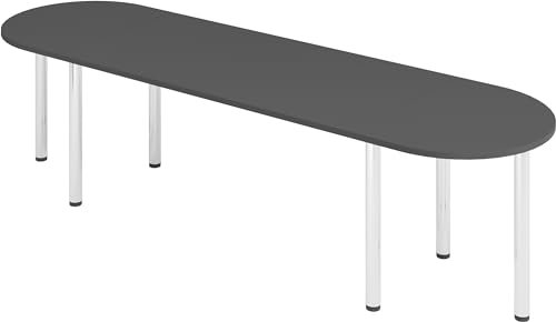 bümö Konferenztisch oval 280x80 cm großer Besprechungstisch in Graphit, Besprechungstisch mit Chromfüßen, Meetingtisch für 8 Personen, Tisch für Besprechungsraum & Meeting