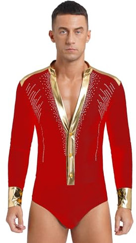 Sywiyi Herren Standard Tanzbody Langarm Hemdbody Trikot Latein Salsa Cha Cha Hemd Oberteil mit V-Ausschnitt Männer Tanzkostüm Rot XL