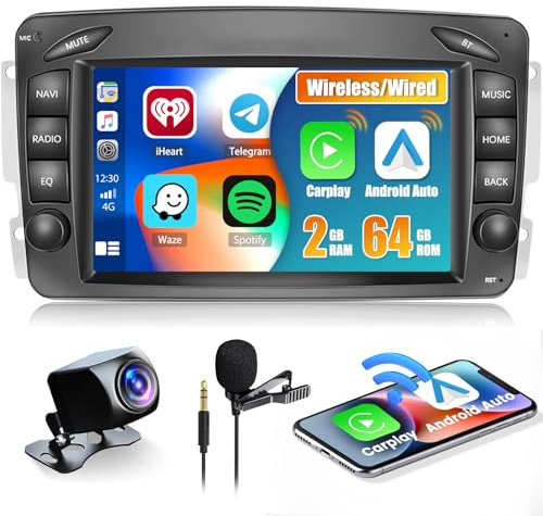 2+64G Android Autoradio Carplay Wireless pour Mercedes Benz W168 W203 W209 C209 Viano Vito W639 Vaneo W170, 7 Pouces Android Auto Poste Radio Voiture Bluetooth Ecran Voiture GPS WiFi Caméra de Recul