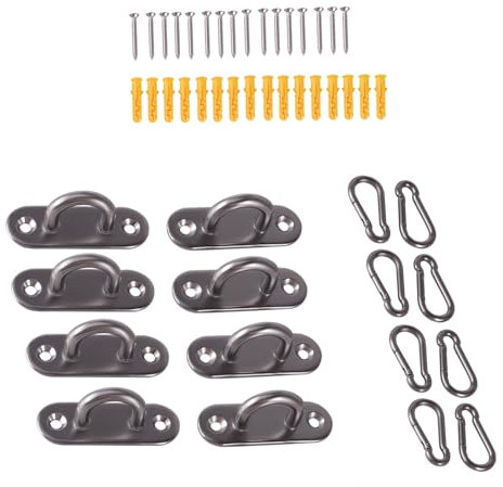 AOMIKITSTU Deckenhaken Schwerlast 8 Stück, 6cm×2cm×2.6cm Edelstahl Karabiner, Edelstahl Augplatte, Deckenhaken und Karabiner, Edelstahl Decksplatte für Hängessel Sonnensegel