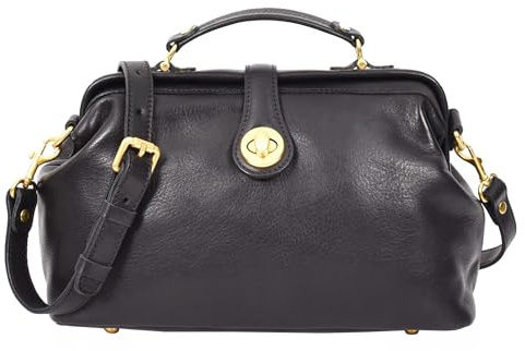 Damen-Handtasche aus echtem Leder, kleine Umhängetasche, mit Tragegriff, Arzttasche, Vollnarbenleder, Camille, Schwarz , L: 32 X H: 18 X W: 14 CM