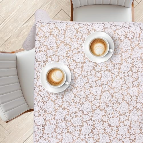 KP HOME Tischdecke Abwaschbar, Pflegeleicht Rechteckig Abwischbare PVC Tischdecke 200x137cm, Wetterfeste für Innen- und Außenbereich, Wachstuchtischdecke Wischfest Spitzenmuster mit weißer Rose