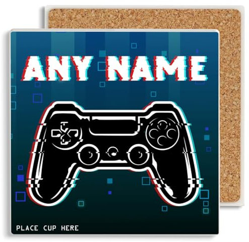 PREZZIFY Personalised Video Gaming Ceramic Drinks Coaster. Any Name. Teenage Boy Men Son Gamer Controller Gift Ideas