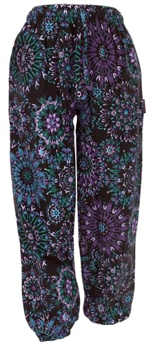 GURU SHOP Warme Wohlfühlhose, Weite Pluderhose mit Breitem Bund, Boho Druck - Schwarz, Damen, Size:L