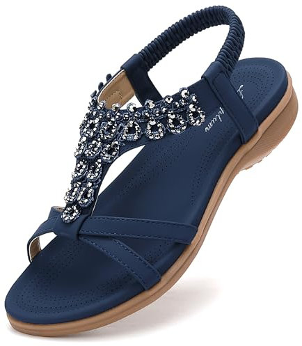 Littleplum Damen Sandalen Sommer Freizeit Flach Sandalette mit Strass Perlen Bohemia Strand Schuhe,A Blau 37 EU