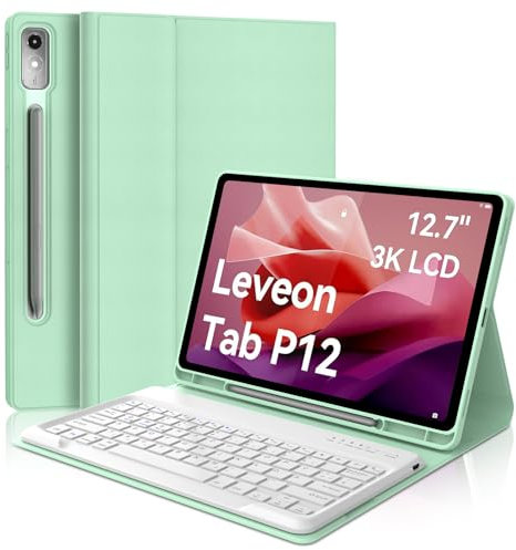 FOGARI Keyboard Case for Lenovo Tab P12 12.7 Inch 2023, QWERTZ Layout, Case Keyboard with Magnetic Removable German Bluetooth for Lenovo Tab P12 12.7 Inch 2023, Light Green