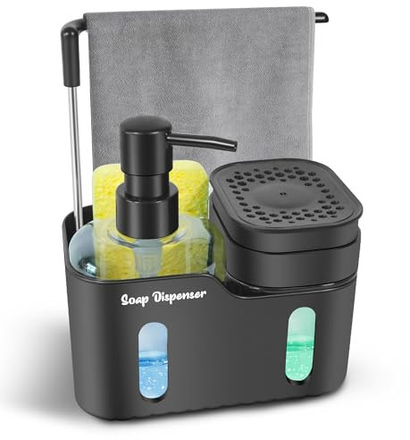 Dual Soap Dispenser Set for Kitchen Sink, 4-in-1 Hand & Dish Soap Dispenser with Sponge Holder, Brush Storage & Dishcloth Hanger, Removable & Non-Slip Design, Black